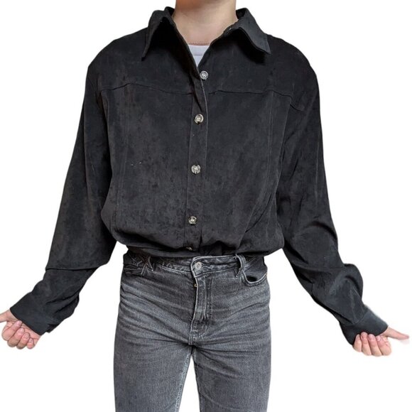 Outline Black Velvet Button Down Long Sleeve Shirt with  Brown Buttons Size 16W - Picture 2 of 13